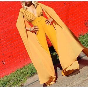 Akira Mustard Yellow Dramatic Draped Sleeve Wide Leg Jumpsuit Size Medium
